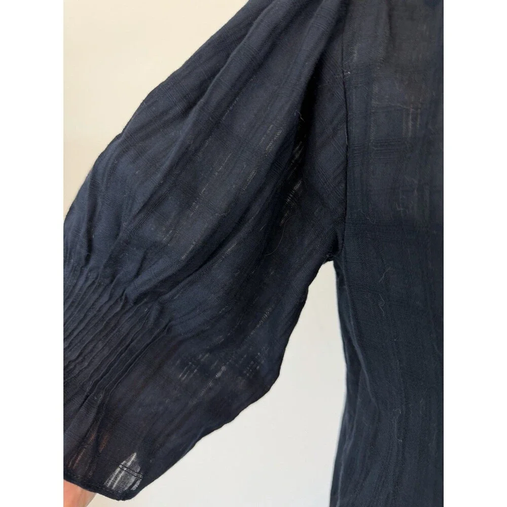 Madewell XXS Black Ruffle Blouse Cotton Plaid Textured Puff Sleeve Romantic Top